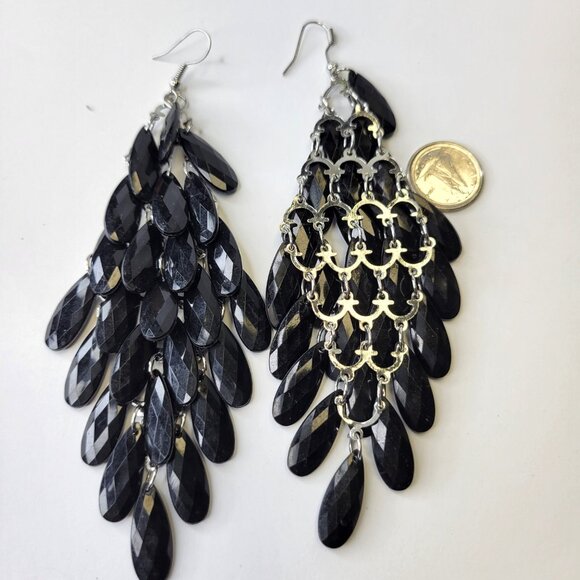 Black Glass Bead Long Earrings Chandelier Teardrop Diamond Shape Drop Earrings - Picture 4 of 7